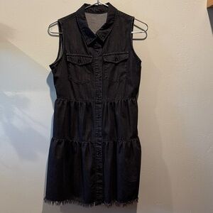 Sleeveless Black Tiered Collared Denim Jean Dress Fringe Bottom Button Down